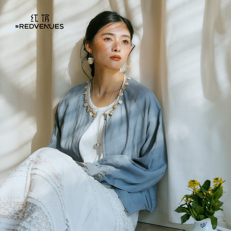 红馆25秋季苎麻短外套女清纯系减龄穿搭蓝色小上衣小众设计薄外套