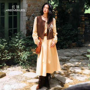 红馆25早秋新款连衣裙简单大方中长裙废土风沙漠连衣裙收腰气质感