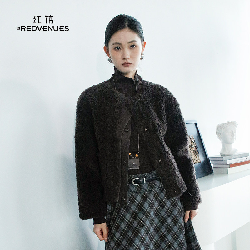 红馆|设计师款100绵羊毛外套女25冬新款毛毛外套板栗可可色绒外套,女装/女士精品,皮草,淘宝优惠券,粉丝福利购,淘宝优惠卷