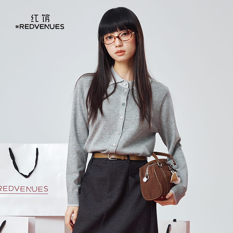 红馆2025秋季灰色针织衫开衫女内搭高级感打底毛衣miu系穿搭上衣