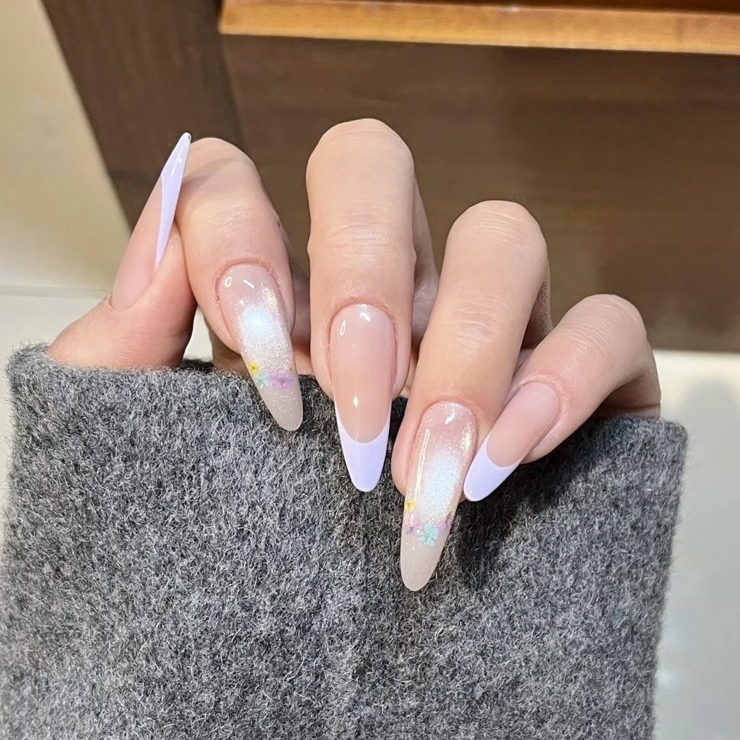 【蓝海莉】紫色渐变花朵纯手工穿戴甲女长款法式优雅甜美指甲贴片