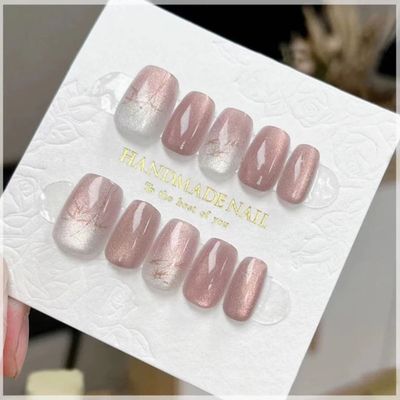 AHN【国风竹子】手工穿戴甲 粉调猫眼法式立体蝴蝶结美甲贴片学生