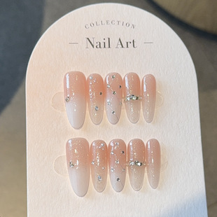 【浅桃星落】纯手工穿戴甲粉色亮片钻石美甲贴片可拆卸假指甲成品