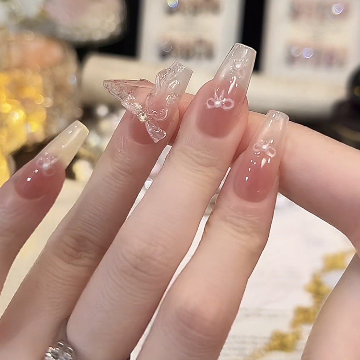 【半盏桃晶】纯手工穿戴甲渐变猫眼高级显白中长款美甲式指甲贴片