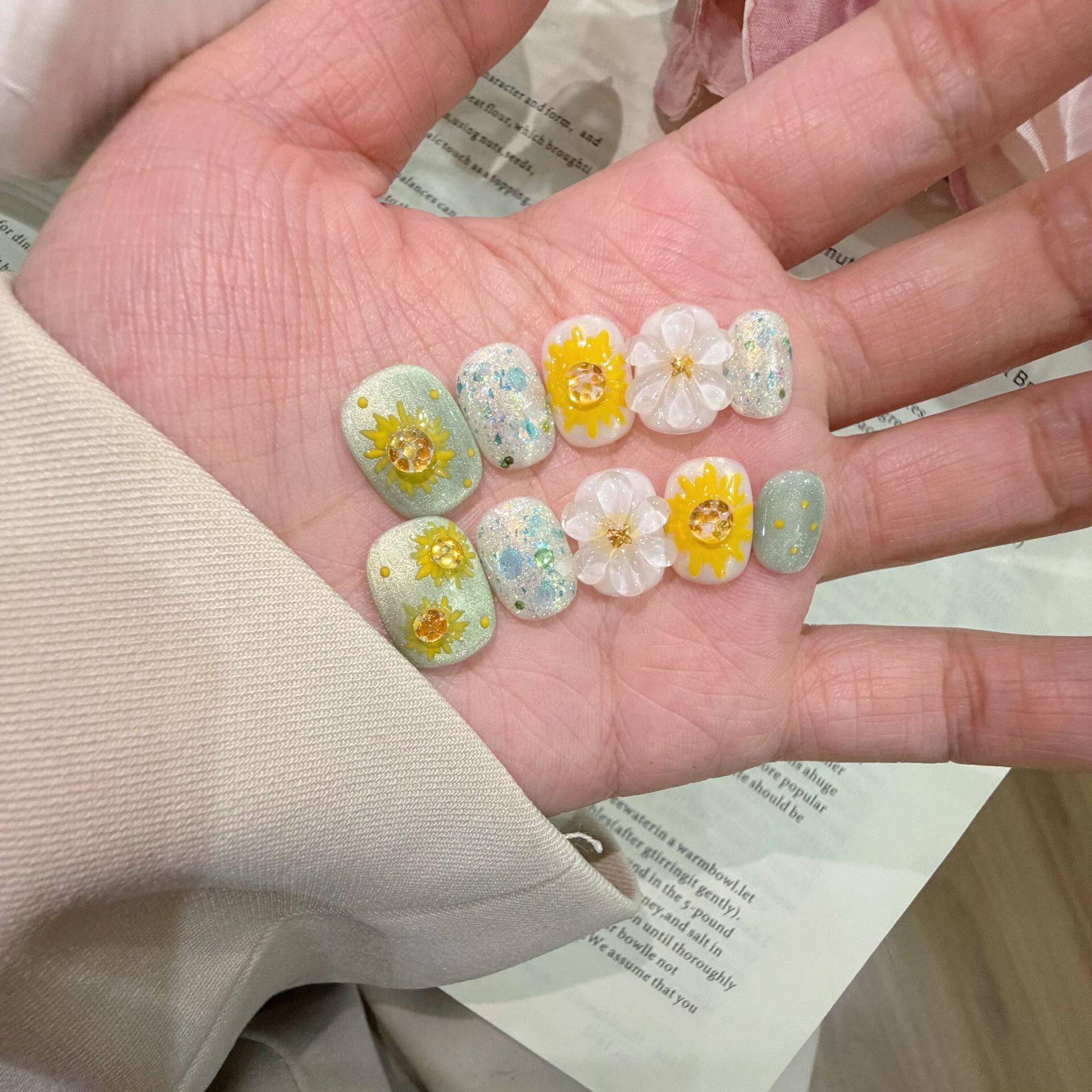 【太阳花】纯手工花朵穿戴甲绿色系美甲贴片可重复佩戴指甲装饰