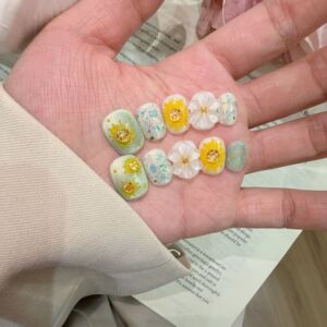 【太阳花】纯手工花朵穿戴甲绿色系美甲贴片可重复佩戴指甲装饰