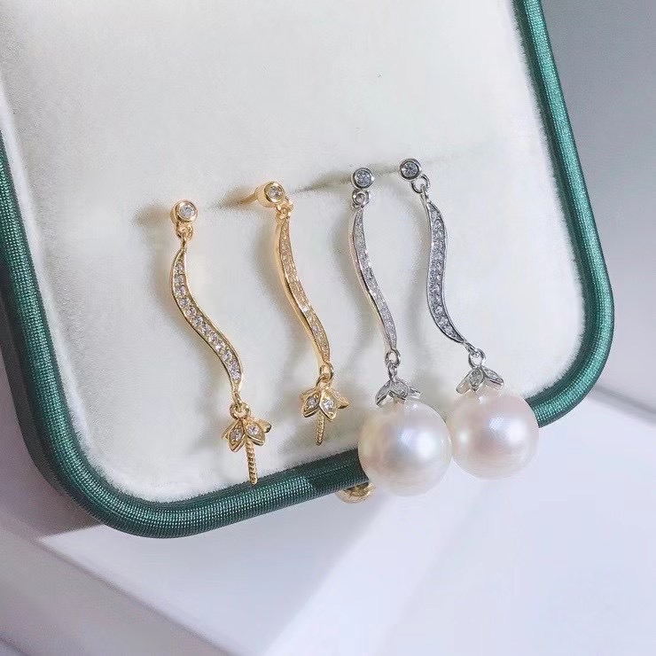 diy配件 s925纯银蛇形流苏耳钉珍珠玉石耳线空托适配8-11mm珍珠