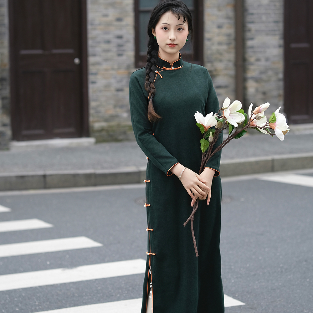 南舟记【绿沉】全开襟带后腰省双层长袖立领日常气质曳地古法旗袍