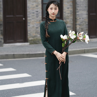 南舟记【绿沉】全开襟带后腰省双层长袖立领日常气质曳地古法旗袍