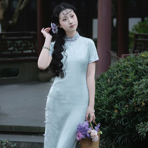 南舟记【君尧】春夏新款全开襟提花暗纹少女日常气质民国古法旗袍
