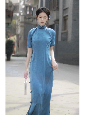 经典款1930全开襟蓝色双层立领仿真丝大提花少女气质日常古法旗袍