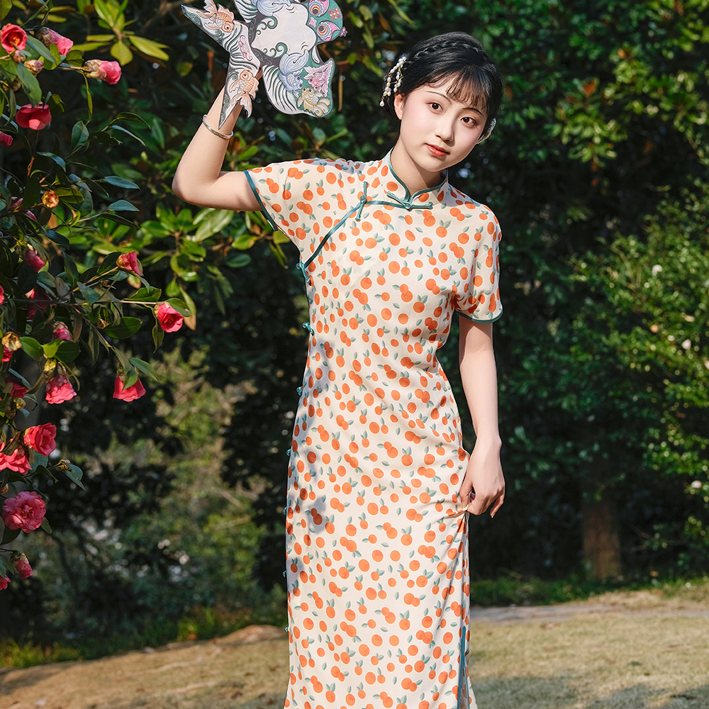 南舟记【橘子】水果系列全开襟单层曳地少女日常国风复古古法旗袍