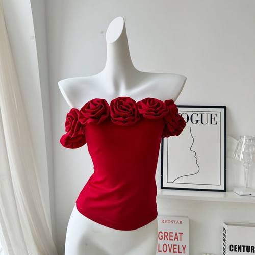 跨境批发立体玫瑰花一字肩上衣夏季港风气质性感修身内搭外穿