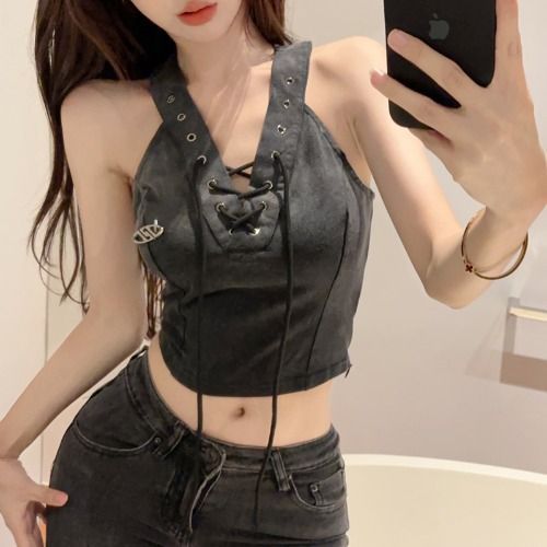 性感挂脖小吊带背心女夏设计感小众独特甜辣美式复古短款无袖