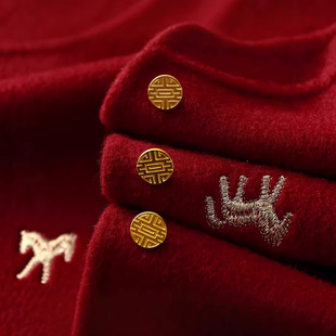 国风马甲女羊绒羊毛天丝新中式红色刺绣双面呢马甲女喜字纽扣