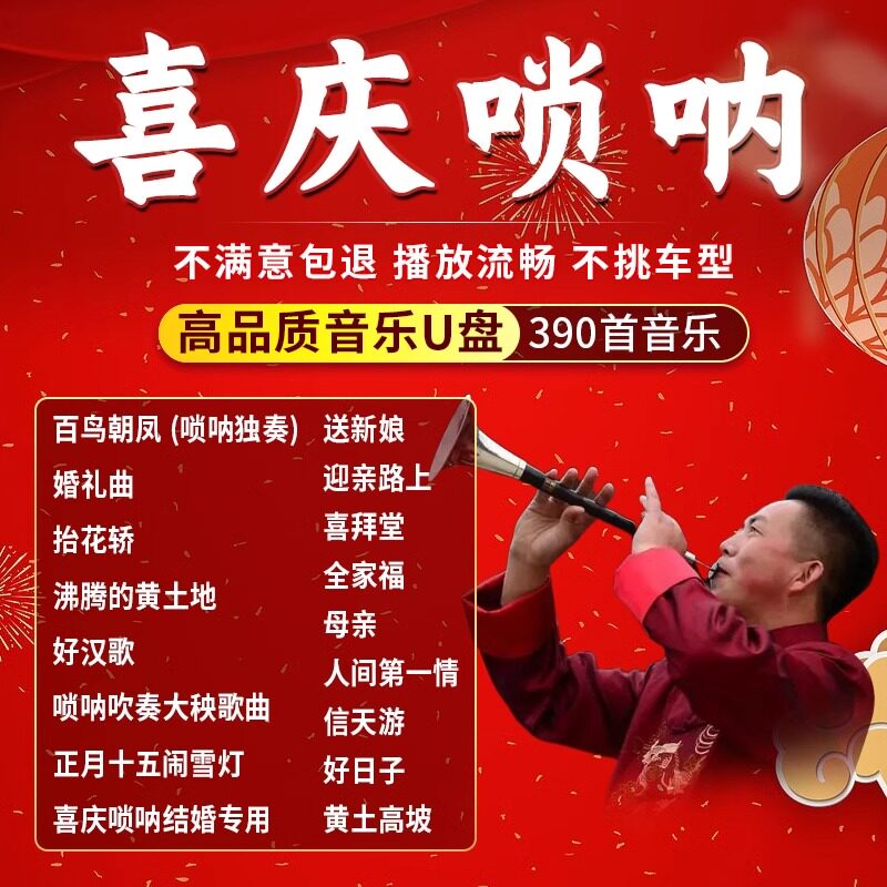 喜庆唢呐独奏音乐U盘民乐经典名曲百鸟朝凤伴奏纯音乐汽车载优盘,闪存卡/U盘/存储/移动硬盘,普通U盘/固态U盘/音乐U盘,淘宝优惠券,粉丝福利购,淘宝优惠卷
