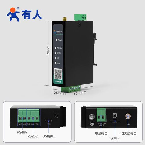 有人4G DTU导轨CAT1钣金外壳4gdtu模块MQTT协议modbus网关G770