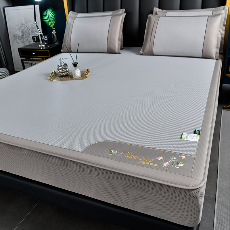 艾草冰丝席床笠款三件套夏天双人可折叠凉席子冰藤席凉感家用纯色