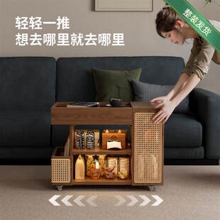 精选冬木实木茶几可移动窄柜客厅茶水柜子中古风小推车沙发边柜侧