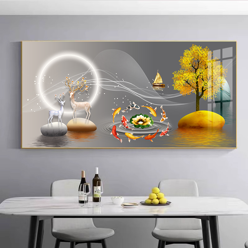 轻奢餐厅装饰画九鱼聚财饭厅壁画大气麋鹿客厅沙发背景墙挂画横版图片