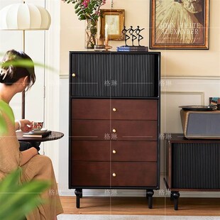 精选法式中古风白蜡木全实木斗柜客厅黑色复古高级感五斗柜储物收