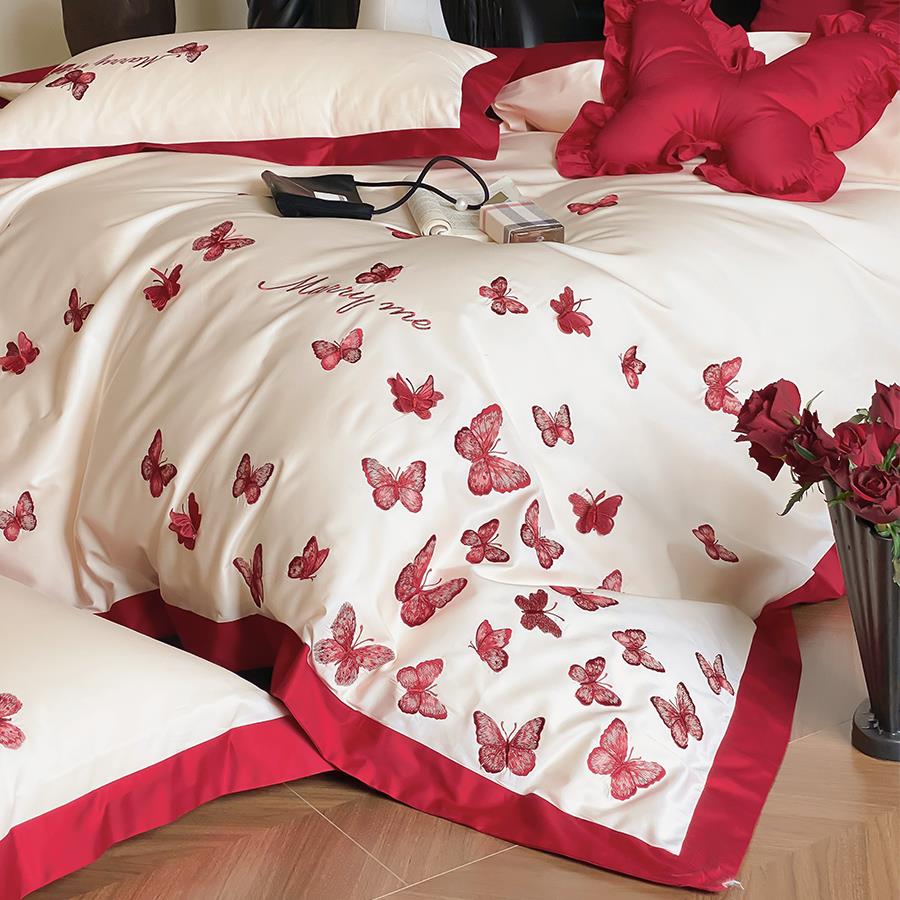 立体蝴蝶刺绣浪漫新婚庆四件套全棉100S红色结婚被套床单1.8床笠