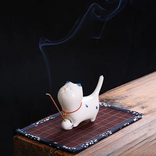 文创香插可爱小猫咪香座线香陶瓷香薰炉家用室内香炉底座香托香板
