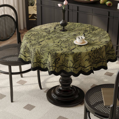 中古风圆桌桌布防水防烫免洗高级感圆形餐桌垫美式小圆台绿色盖布