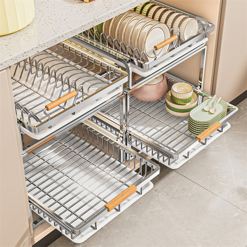 不锈钢碗碟收纳架厨房橱柜内置物双层抽屉式拉篮抽拉碗盘沥水碗架