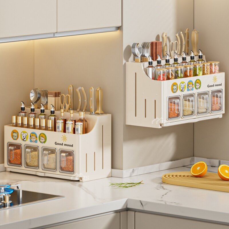 免打孔厨房调料品置物架壁挂式墙上调味料盒多功能筷子刀具收纳架