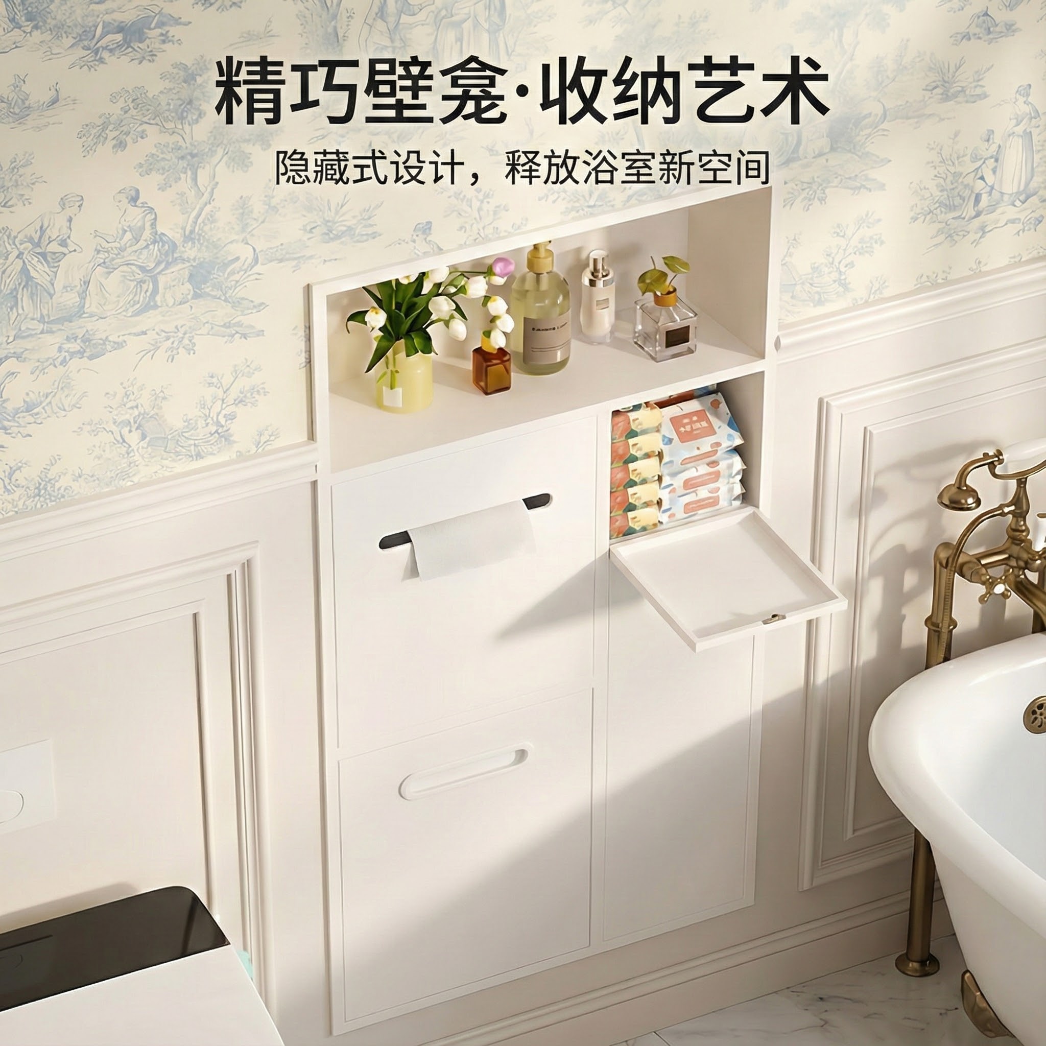 马桶壁龛卫生间嵌入式垃圾桶置物架双层金属