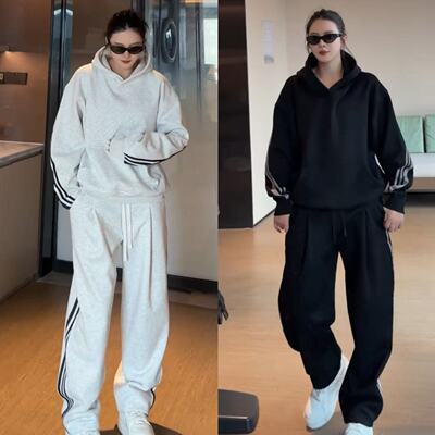 秋冬连帽撞色条纹卫衣休闲裤套装