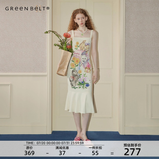 猫咪长裙 GREEN BELT复古方领包臀裙连衣裙女2024夏季 新款 收腰修身