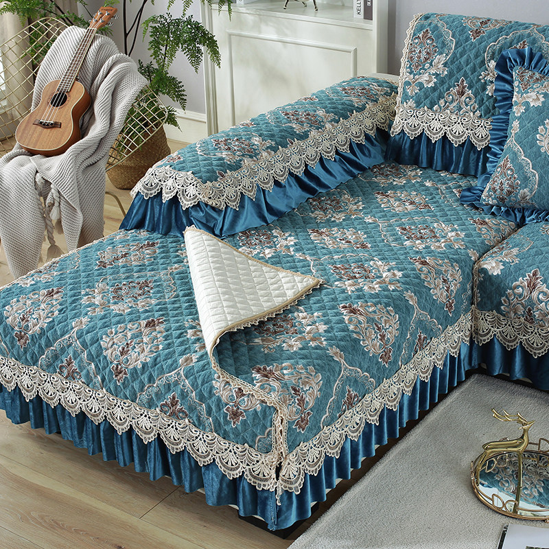 精选雪尼尔沙发垫防滑四季通用蓝色欧式布艺加厚客厅坐垫靠背巾套