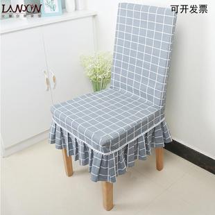 连体餐桌椅坐垫套装 定制灰格子椅子套罩家用饭店椅 椅套布