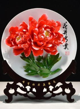 12寸洛阳牡丹瓷纯手工花盘新房办公室中式装饰摆件高温烧制不褪色
