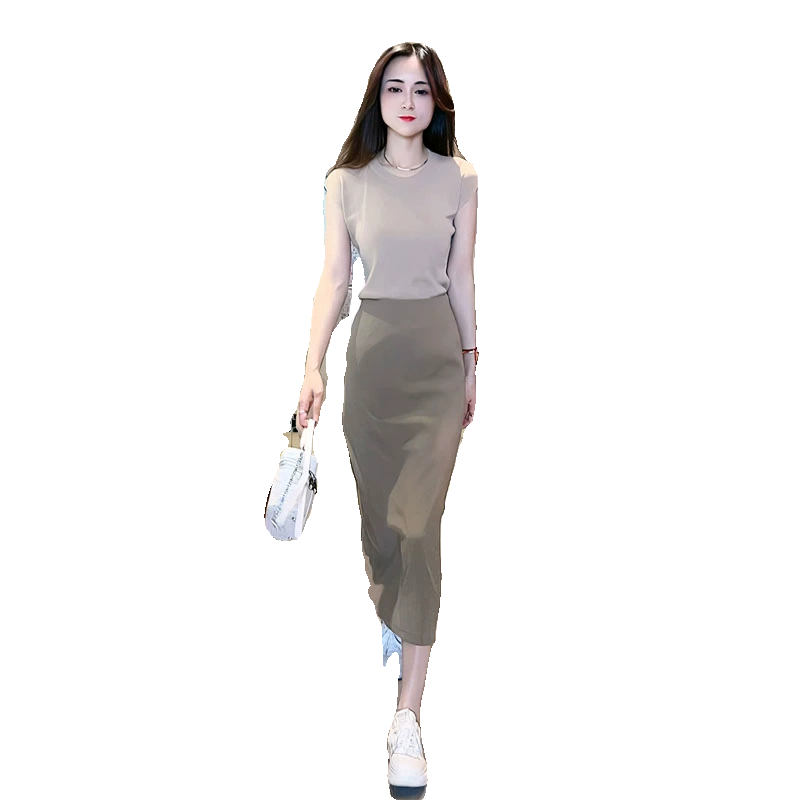 洋气炸街时尚套装女薄款无袖冰丝针织T恤女高腰半身裙子两件套