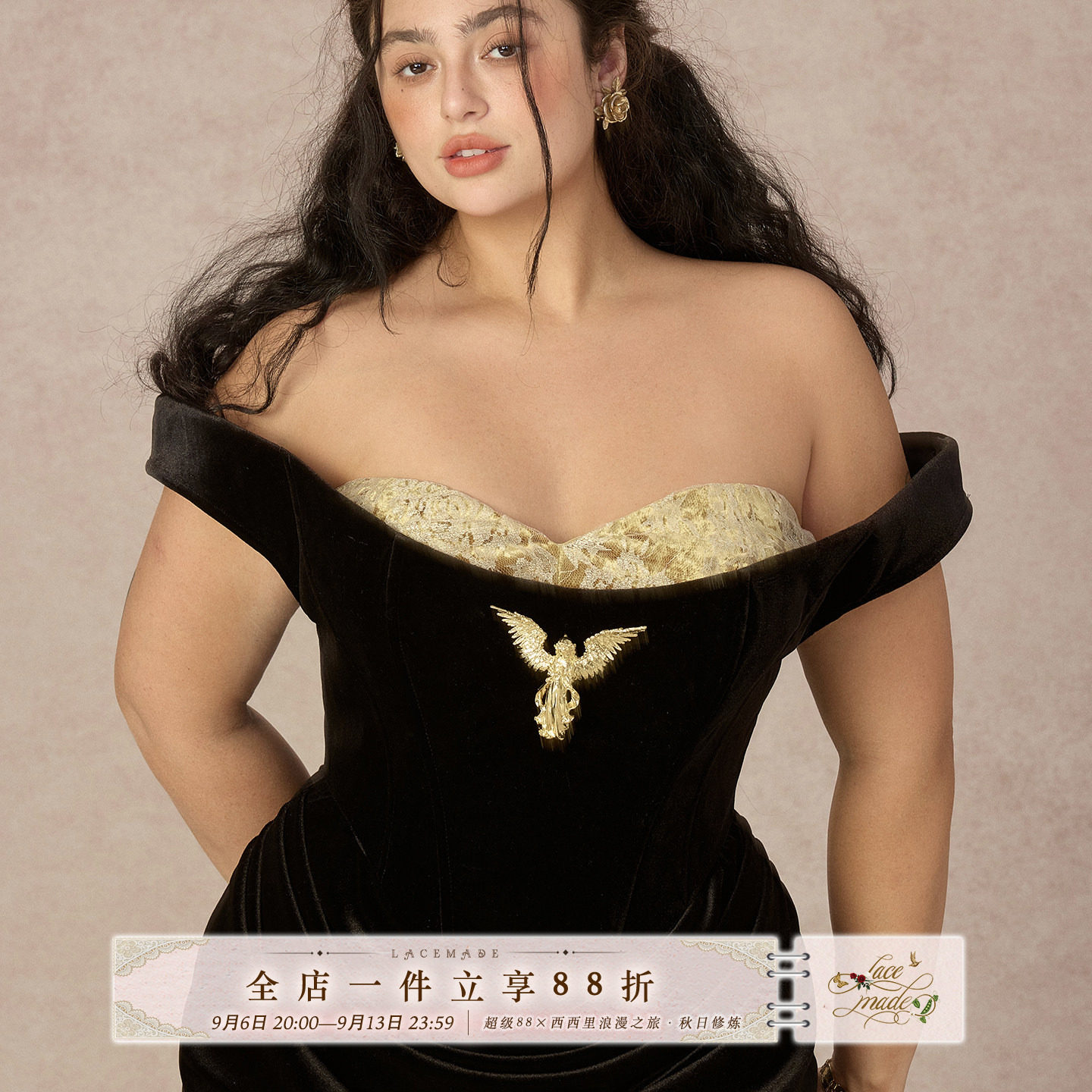 LaceMade大码女装 金鹰女神 26SS新春限定款法式宫廷黑金色礼服裙图片