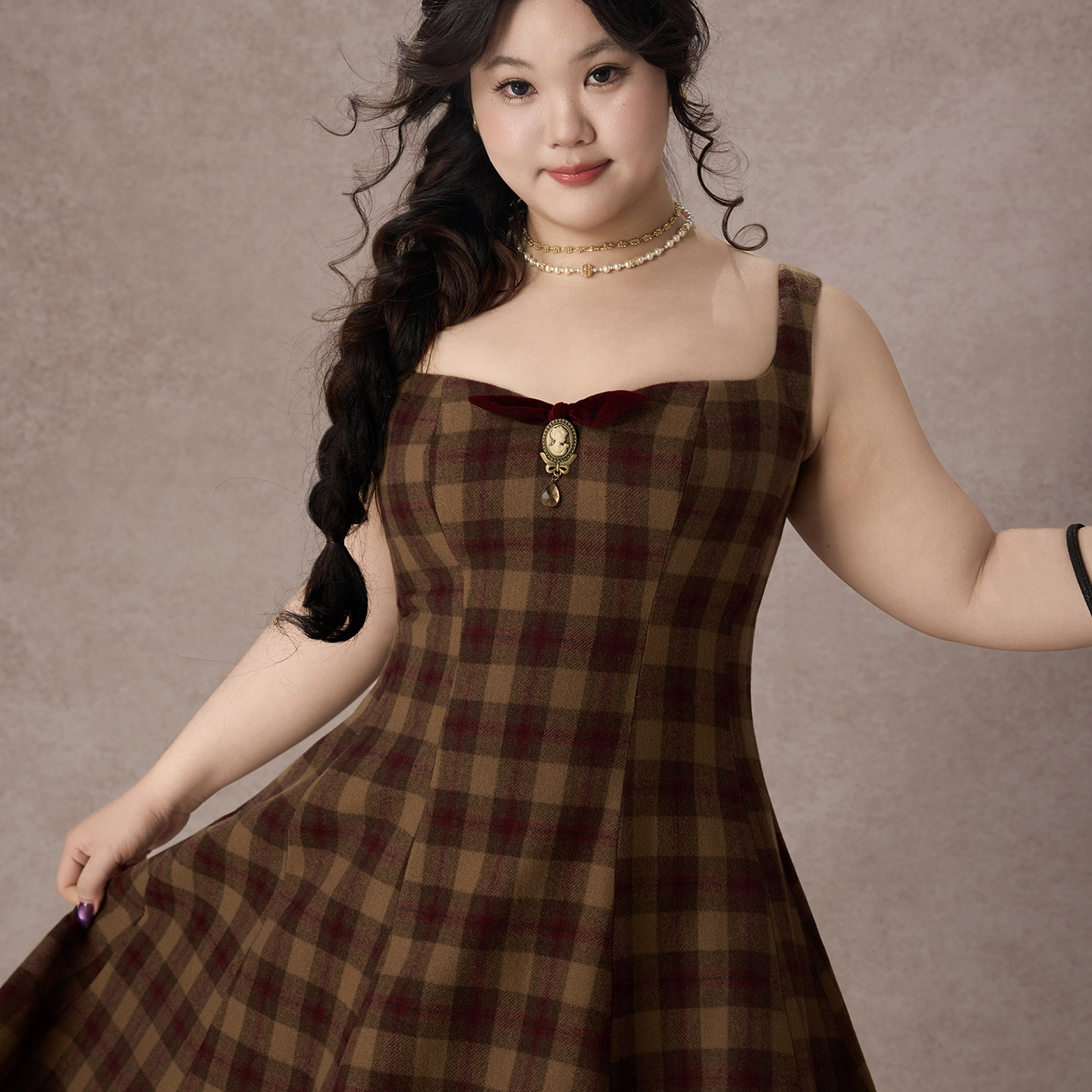 LaceMade大码女装 塔尔坦太后 法式英伦优雅复古日常格纹连衣裙