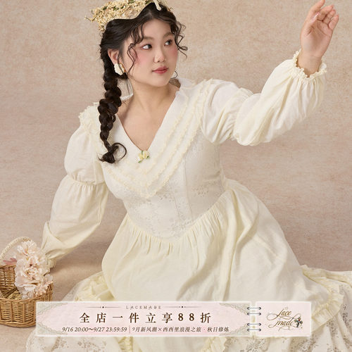 LaceMade大码女装 郁金香的告白 法式宫廷风假两件蕾丝连衣裙女秋