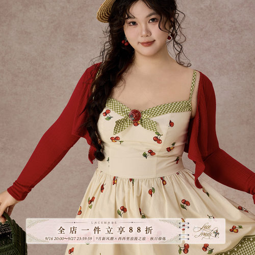 LaceMade大码女装 野樱桃 法式夏日通勤撞色蕾丝印花修身连衣裙女