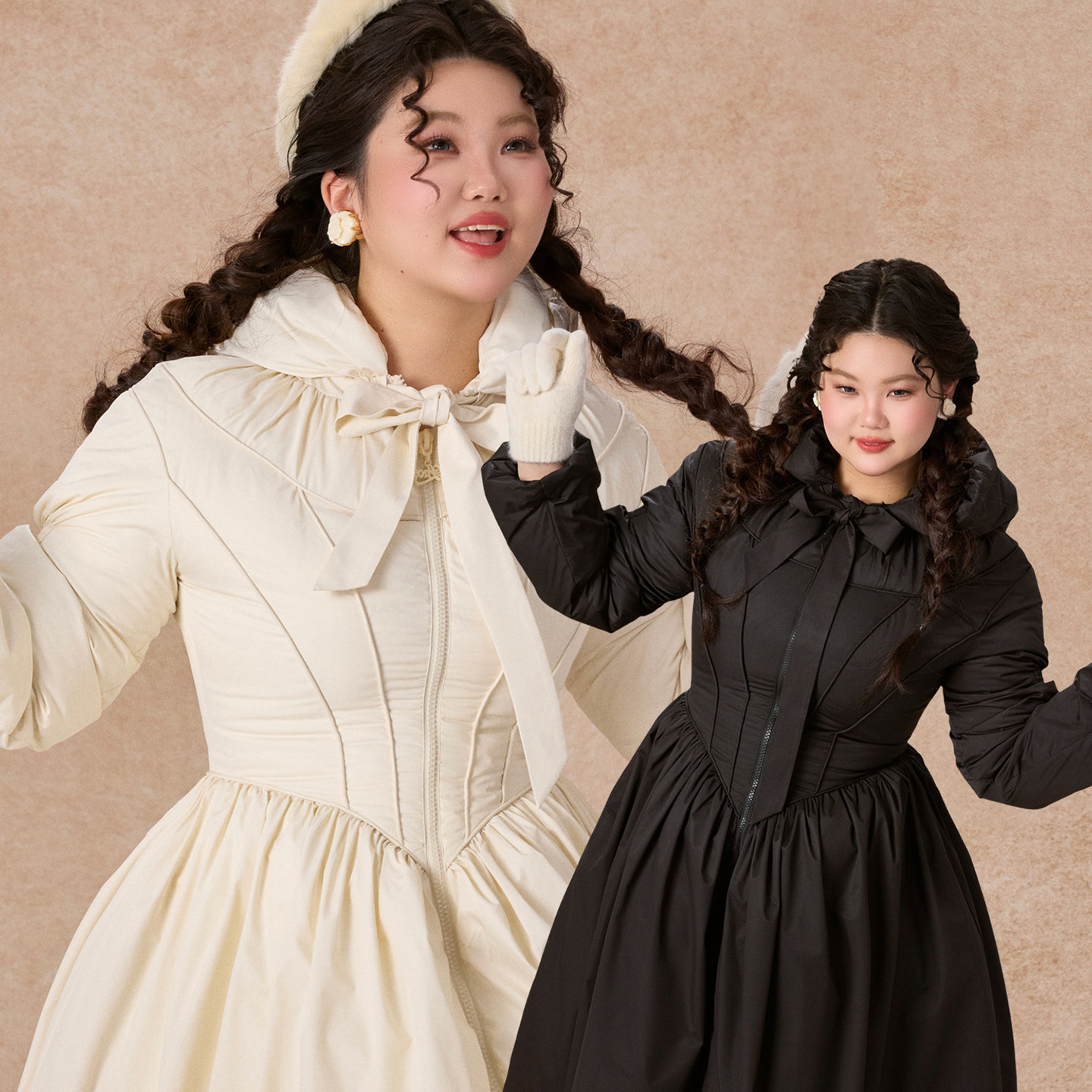 LaceMade大码女装 黑白战士 1件过冬 法式收腰显瘦黑白长款羽绒服