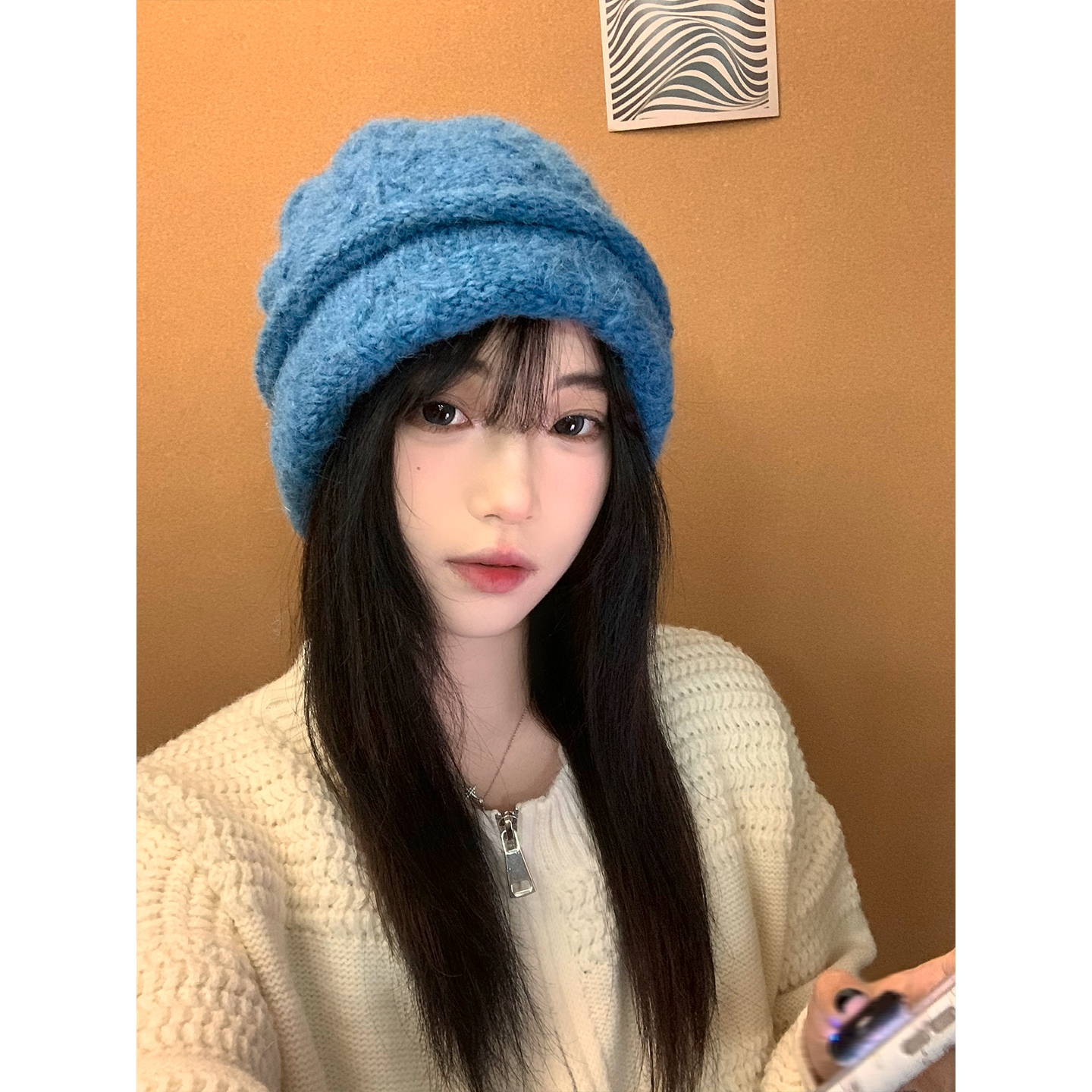 韩版ins蓝色绞花针织毛线帽