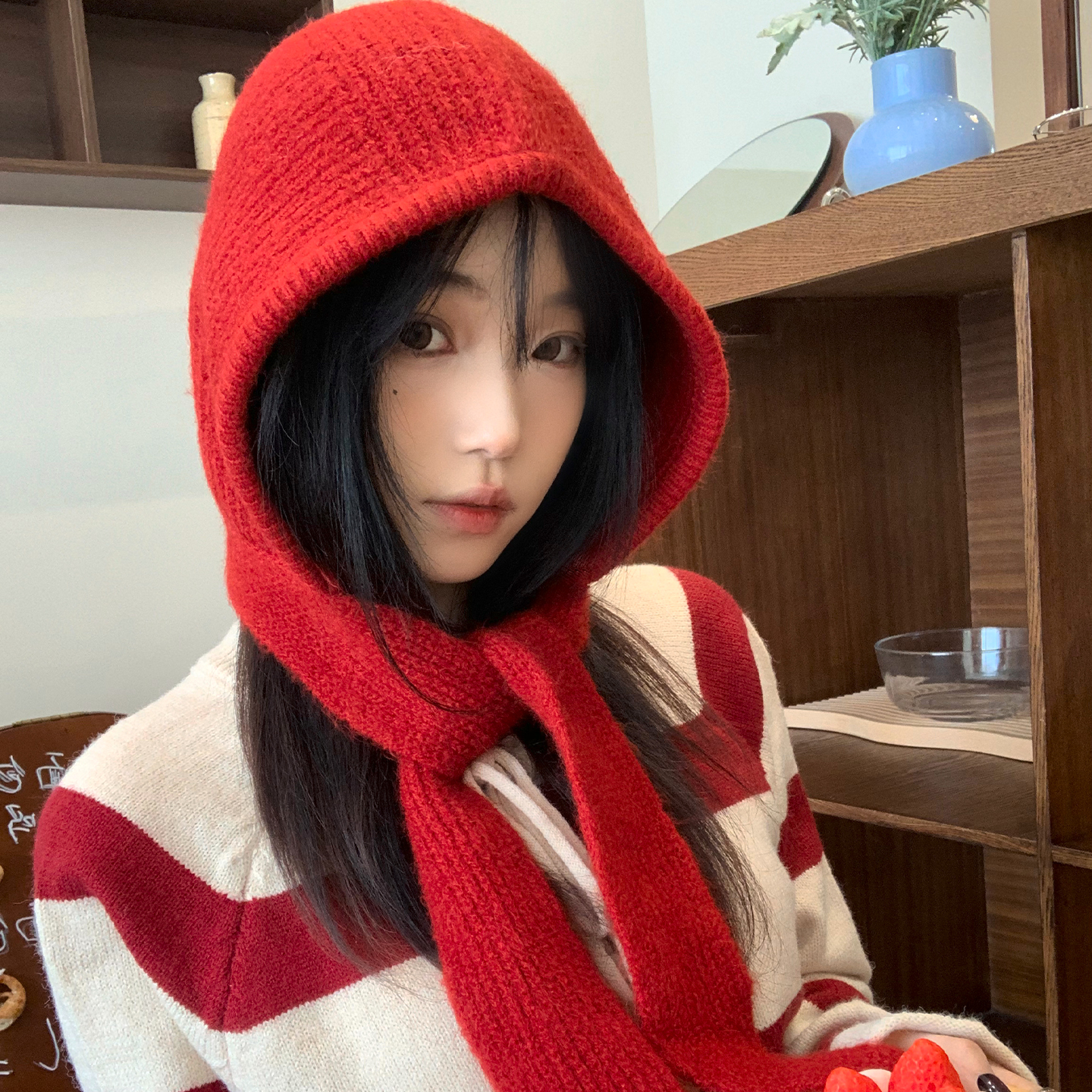 韩版红色巴拉克拉法帽女秋冬季围脖一体加大毛线帽显脸小针织帽