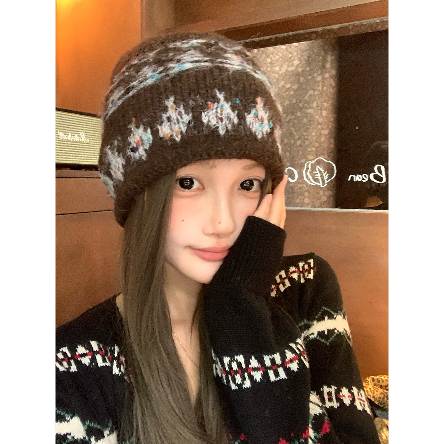 复古费尔岛风针织帽子女款