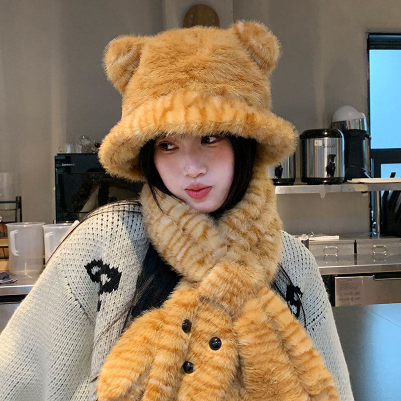 可爱小熊耳朵毛绒绒渔夫帽子女冬季虎纹帽子围巾护颈保暖卡通围脖