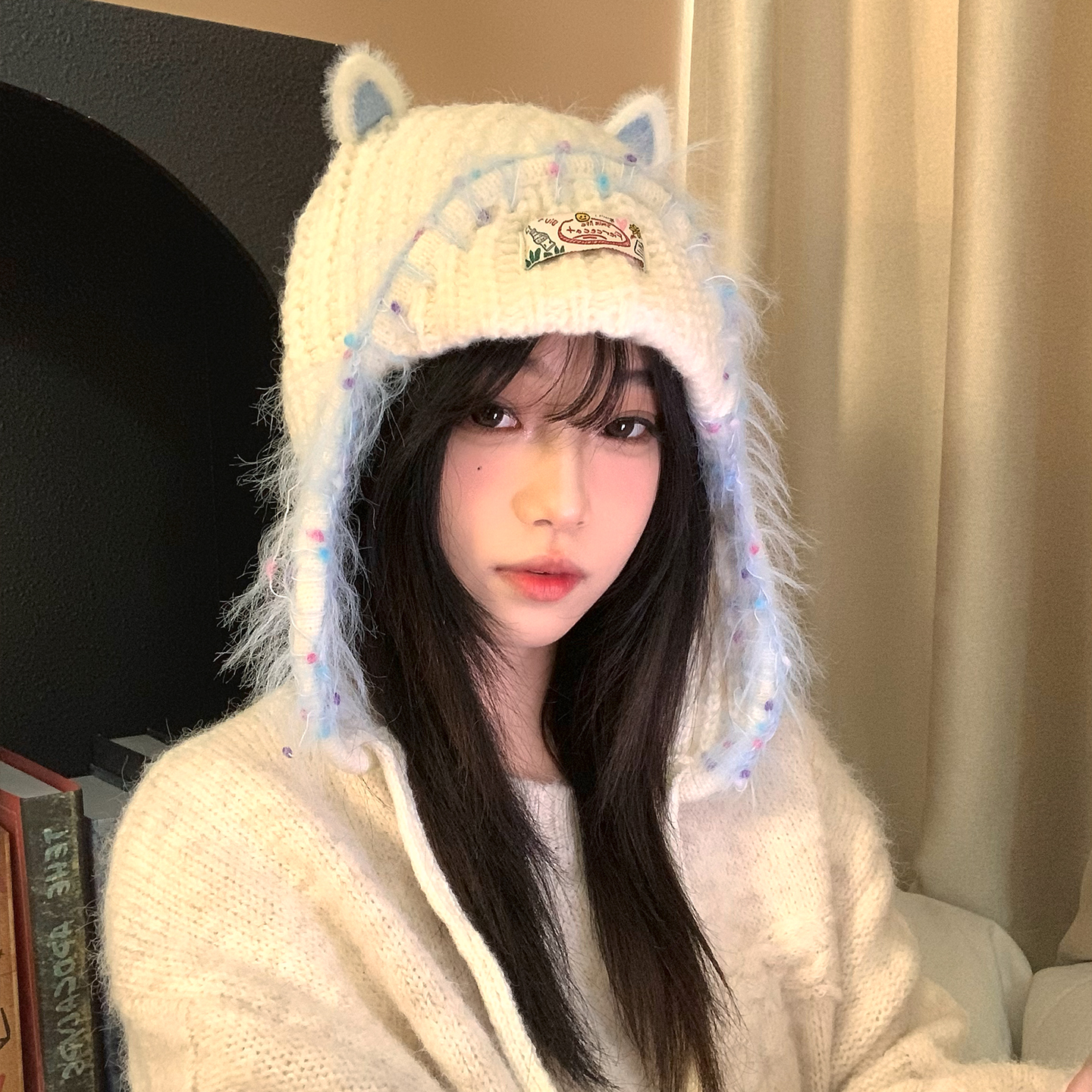 可爱猫耳毛绒针织帽女冬加绒加厚