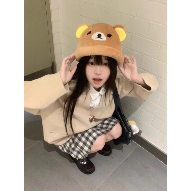 kuma轻松熊小棕熊熊毛绒渔夫帽女生秋冬季可爱萌物玩偶拉拉熊帽子