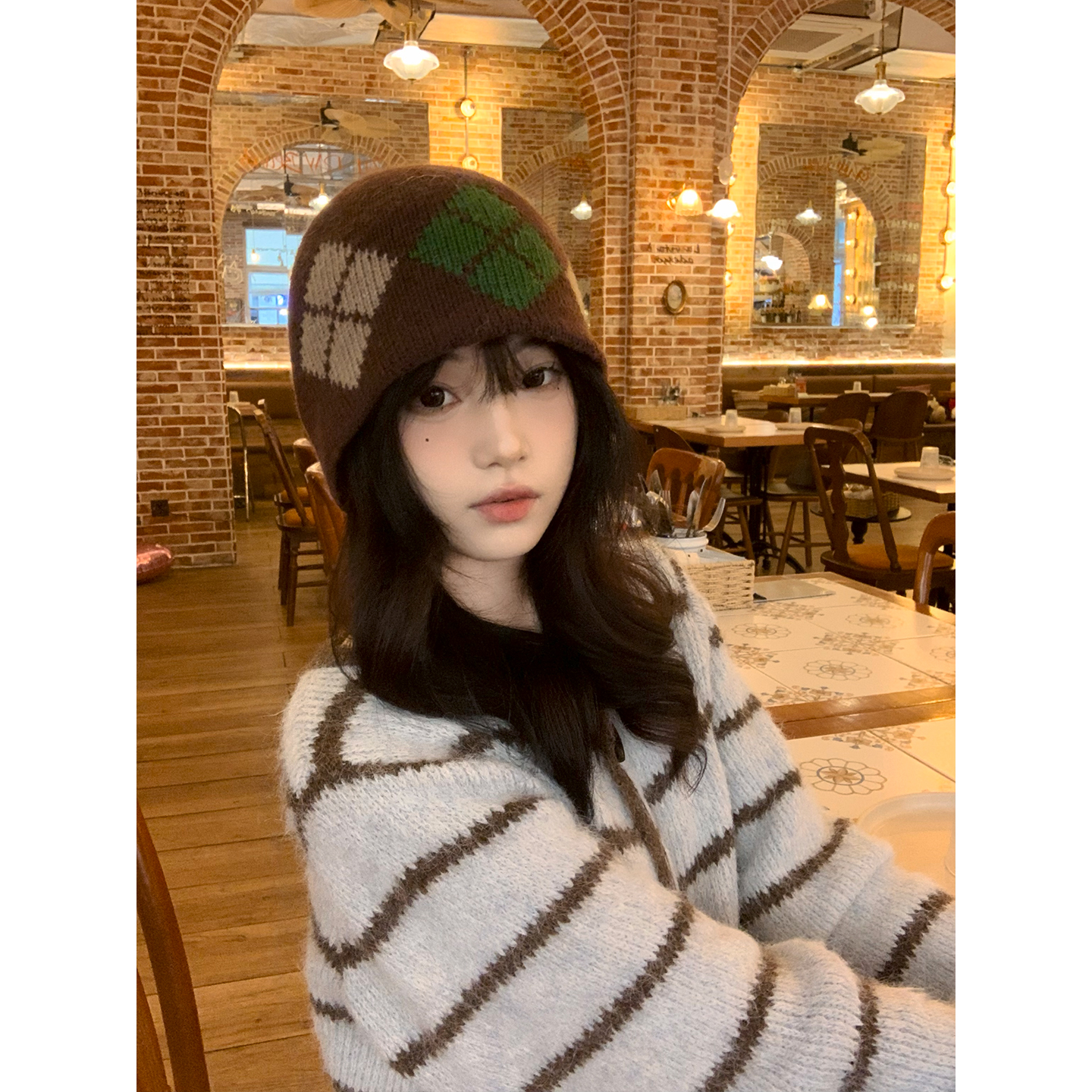 新款民族风菱形拼色针织帽子女士冬保暖防寒包头帽百搭冷帽显脸小