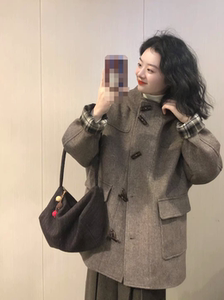 大码胖妹妹高级感牛角扣毛呢开衫秋冬300斤宽松小众连帽呢子外套